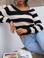 Contrast Stripes Cold Shoulder Sweater L Black