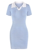 Contrast Stripes Collared Slinky Knitted Dress Blue
