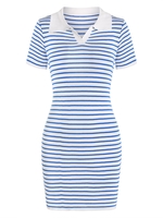 Contrast Stripes Collared Slinky Knitted Dress Blue