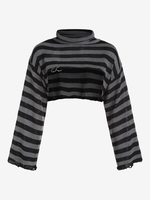 Contrast Stripes High Neck O-ring Shrug Sweater M Dark gray