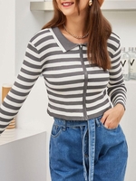 Contrast Stripes Ribbed Zip Up Cardigan Multi a