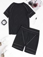 Contrast Taped Trim Top and Biker Shorts Set S Black