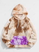 Contrast Tie Dye Pattern Fleece Faux Fur Fluffy Hoodie L Light coffee