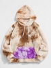 Contrast Tie Dye Pattern Fleece Faux Fur Fluffy Hoodie Xl Light coffee
