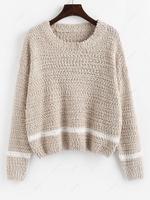 Contrast Trim Textured Boucle Knit Sweater M Light coffee