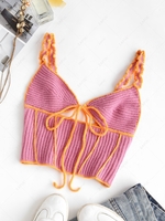 Contrast Trims Tie Crochet Tank Top L Light pink