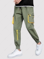 Contrasting Letter Star Cargo Techwear Pants L Deep green