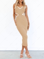 Contrast Piping Cut Out Knit Dress Xl Light coffee