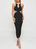 Contrast Piping Cut Out Knit Sleeveless Dress L Black