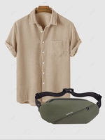 Corduroy Casual Short Sleeves Shirt With Minimalist Sports Fanny Pack Light coffee