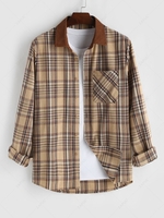 Corduroy Collar Plaid Pocket Shirt Xl Light coffee