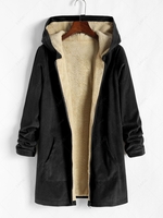 Corduroy Fleece Lined Pockets Hooded Coat Xl Black