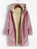 Corduroy Fleece Lined Pockets Hooded Coat Xl Light pink