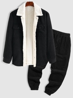 Corduroy Fleece Thermal Lined Jacket With Jogger Pants Two Piece Set Black
