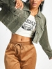 Corduroy Frayed Pocket Drop Shoulder Crop Jacket Xs Deep green