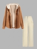 Corduroy Hooded Fleece Lining Jacket and Wide Leg Cargo Jeans Set Light coffee