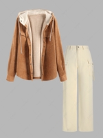Corduroy Hooded Fleece Lining Jacket and Wide Leg Cargo Jeans Set Light coffee