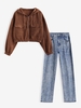 Corduroy Hooded Jacket and Acid Wash Straight High Waist Jeans Set Coffee