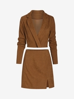 Corduroy Lapel Crop Blazer and Mini Slit Skirt Set S Coffee