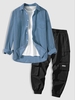 Corduroy Long Sleeves Shirt with Multi Flap Pockets Cargo Jogger Pants Set Blue