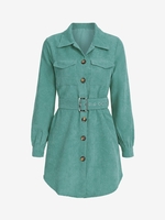 Corduroy Pocket Belted Mini Shirt Dress M Deep green
