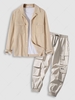 Corduroy Pocket Shirt and Multi Flap Pockets Cargo Jogger Techwear Pants Set Light coffee