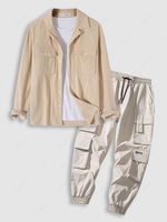 Corduroy Pocket Shirt and Multi Flap Pockets Cargo Jogger Techwear Pants Set Light coffee