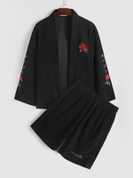 Corduroy Rose Print Japanese Embroidery Kimono With Shorts Two Piece Set L Black