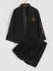 Corduroy Rose Print Japanese Embroidery Kimono With Shorts Two Piece Set Xl Black