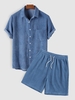 Corduroy Short Sleeves Shirt With Drawstring Shorts Two Piece Set Blue
