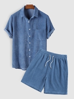 Corduroy Short Sleeves Shirt With Drawstring Shorts Two Piece Set Blue