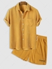 Corduroy Short Sleeves Shirt With PARIS Embroidery Drawstring Shorts Two Piece Set Yellow