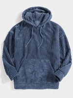 Corduroy Solid Front Pocket Hoodie S Blue