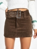 Corduroy Zipper Fly Belted Mini Skirt M Deep coffee
