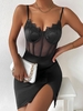 Corset-style Bustier Boning Front Slit Slip Dress S Black