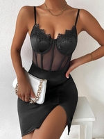 Corset-style Bustier Boning Front Slit Slip Dress S Black
