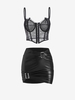 Corset-style Bustier Lace Cami Top and Buckled Ruched Faux Leather Skirt Set Black