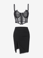 Corset-style Bustier Lace Top and Lace Trim Slit Skirt Set Black
