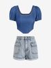 Corset-style Chambray Top and Cuffed Denim Shorts Set Blue