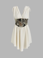 Corset-style Cinched Shoulder Patterned Mini Dress M Light coffee