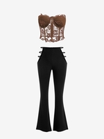Corset-style Tube Top and Cutout Waist Boot Cut Pants Set Coffee