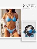 Couple Swimwear Ombre Twisted Knots Bikini and Wave Crane Print Kimono Light blue
