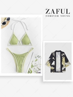 Couple Swimwear Ribbed Whip Stitching Bikini and Sun Floral and Crane Print Kimono Light green