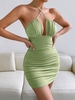 Criss Cross Halter Open Back Ruched Mini Dress L Green