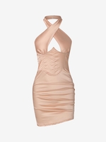 Criss Cross Halter Rhinestones Ruched Corset-style Dress L Light coffee