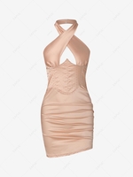 Criss Cross Halter Rhinestones Ruched Corset-style Dress M Light coffee