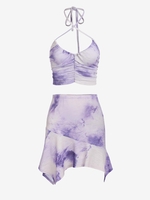 Criss Cross Halter Ruched Tie Dye Top and Skirt Set Purple