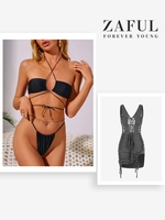 Criss Cross Halter Strappy Tanga Bikini Swimwear with Lace Up Backless Slit Dress Black