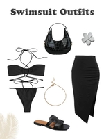 Criss Cross Halter Textured Floss Matching Beach Vacation Bikini Outfits Black