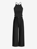 Criss Cross Lace Up Open Back Top and Pleated Wide Leg Pants Set Black